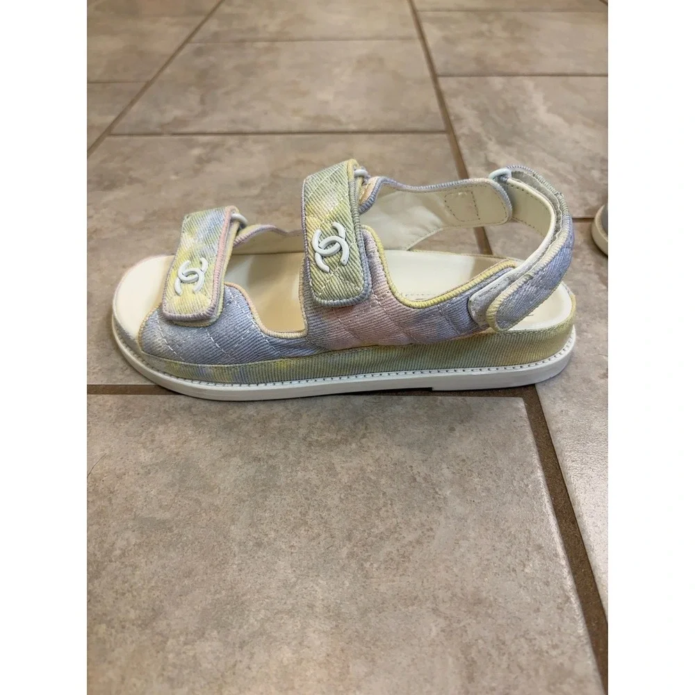Authentic Chanel Pastel Tie Dye Denim Quilted Dad Sandals G35927 CC Logo 37C